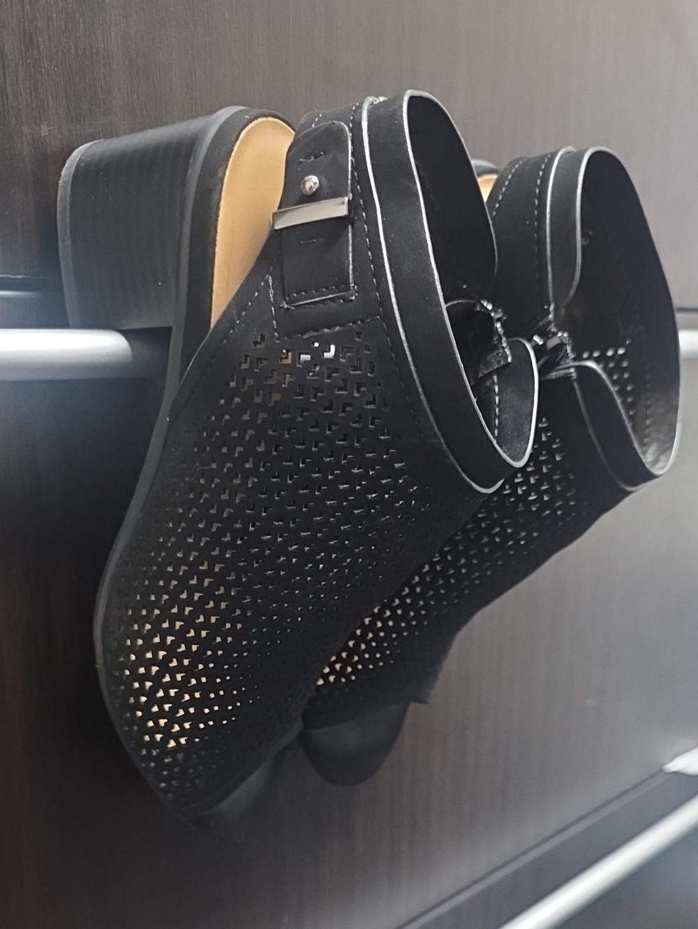 Soda Black Perforated Platform Sandals with Ankle Strap